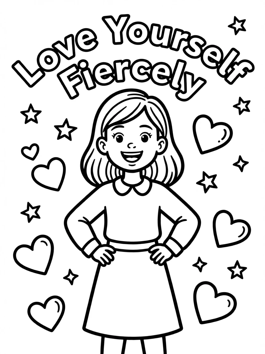 **Love Yourself Fiercely** strong self-love coloring page, include the text "Love Yourself Fiercely".
