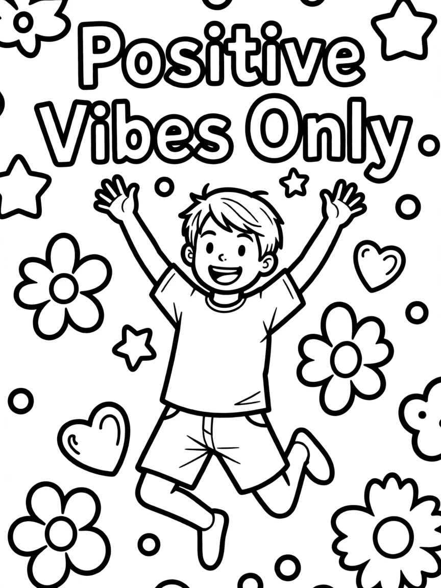 **Positive Vibes Only** energetic coloring page, include the text "Positive Vibes Only".