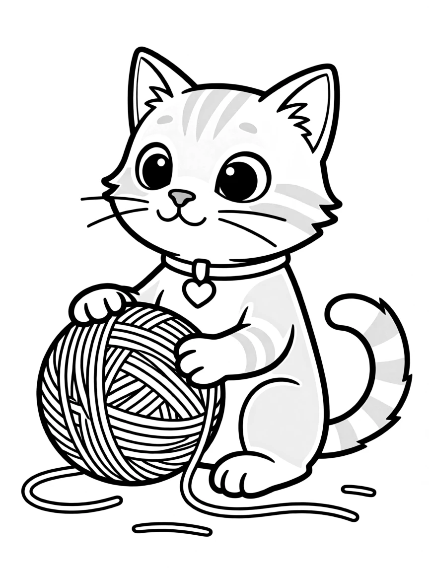 adorable cartoon cat with yarn coloring page