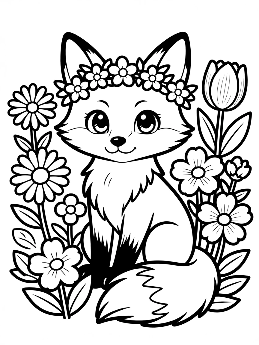 cute anime fox with flowers coloring page