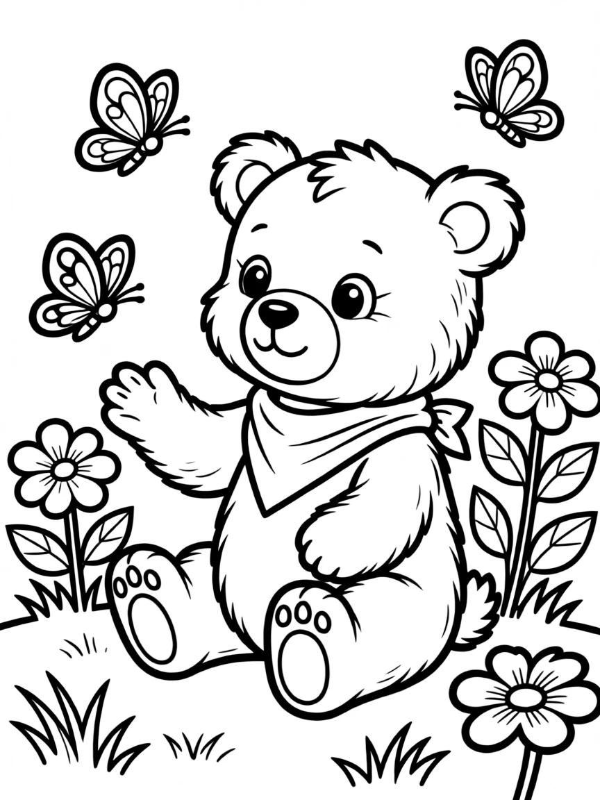 cuddly baby bear playing with butterflies coloring page