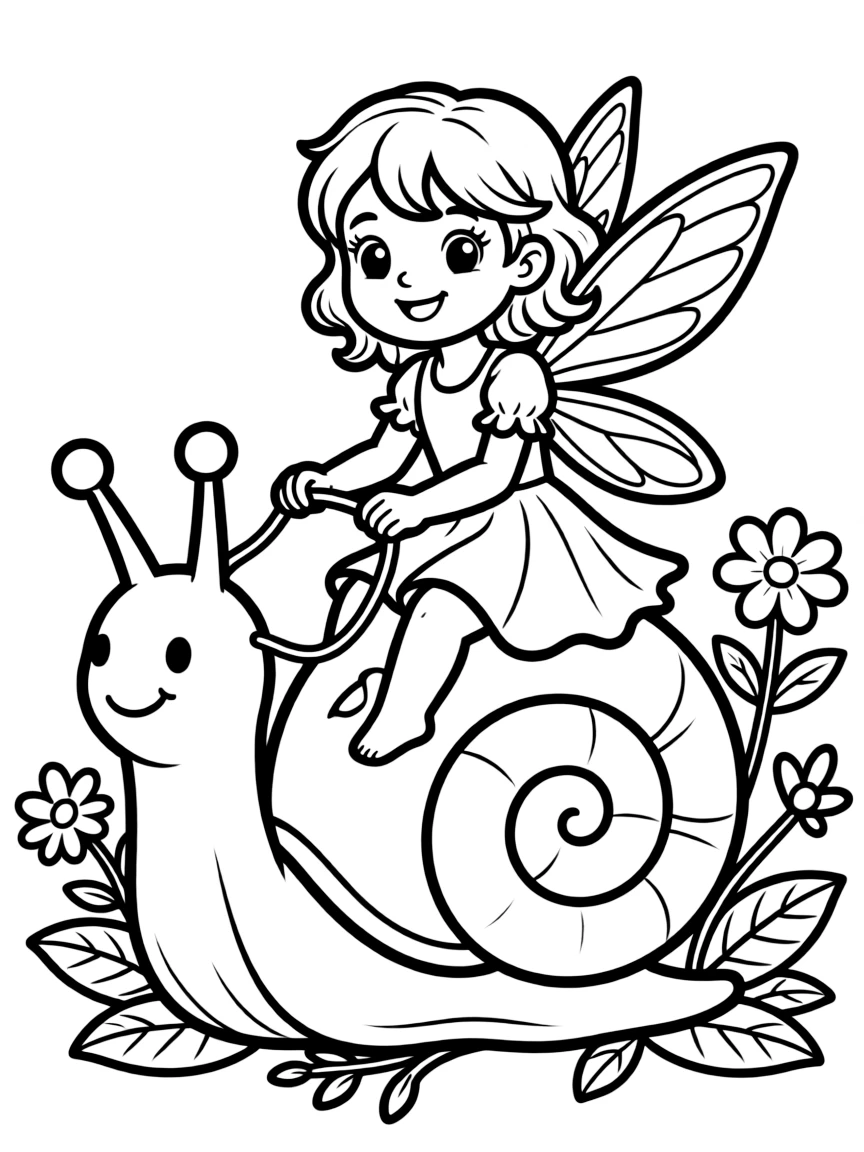 charming fairy riding a snail coloring page
