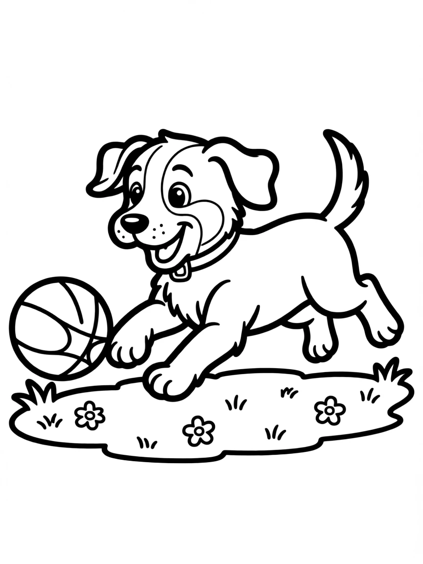 playful puppy chasing a ball coloring page