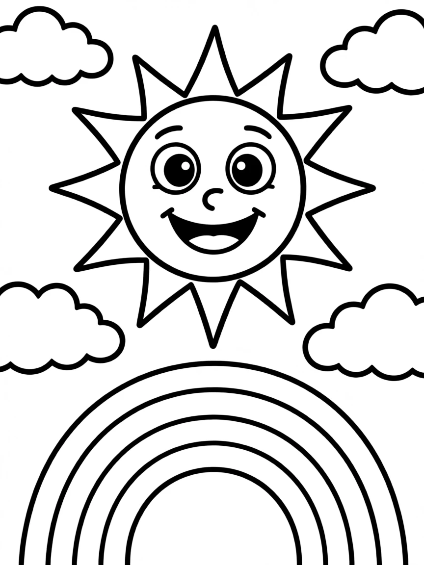happy sun with clouds and a rainbow coloring page