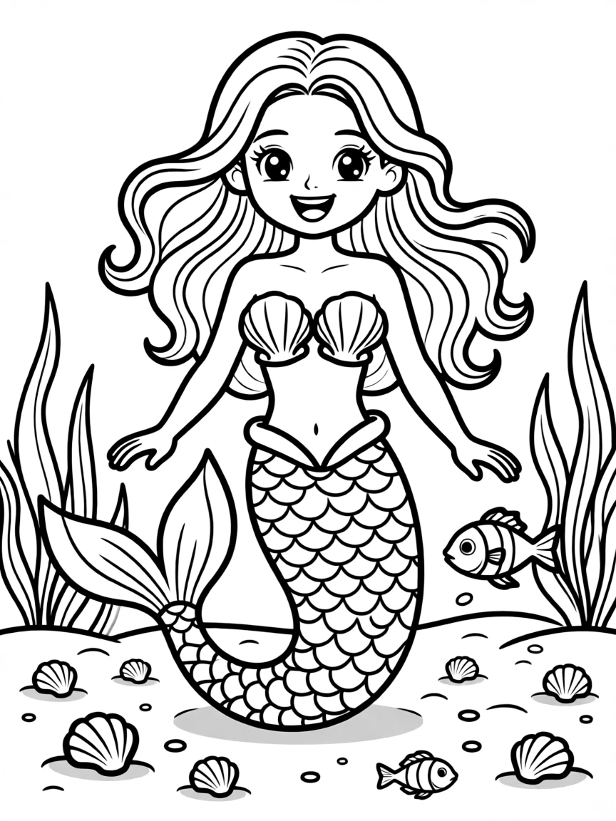 smiling mermaid with seashells coloring page