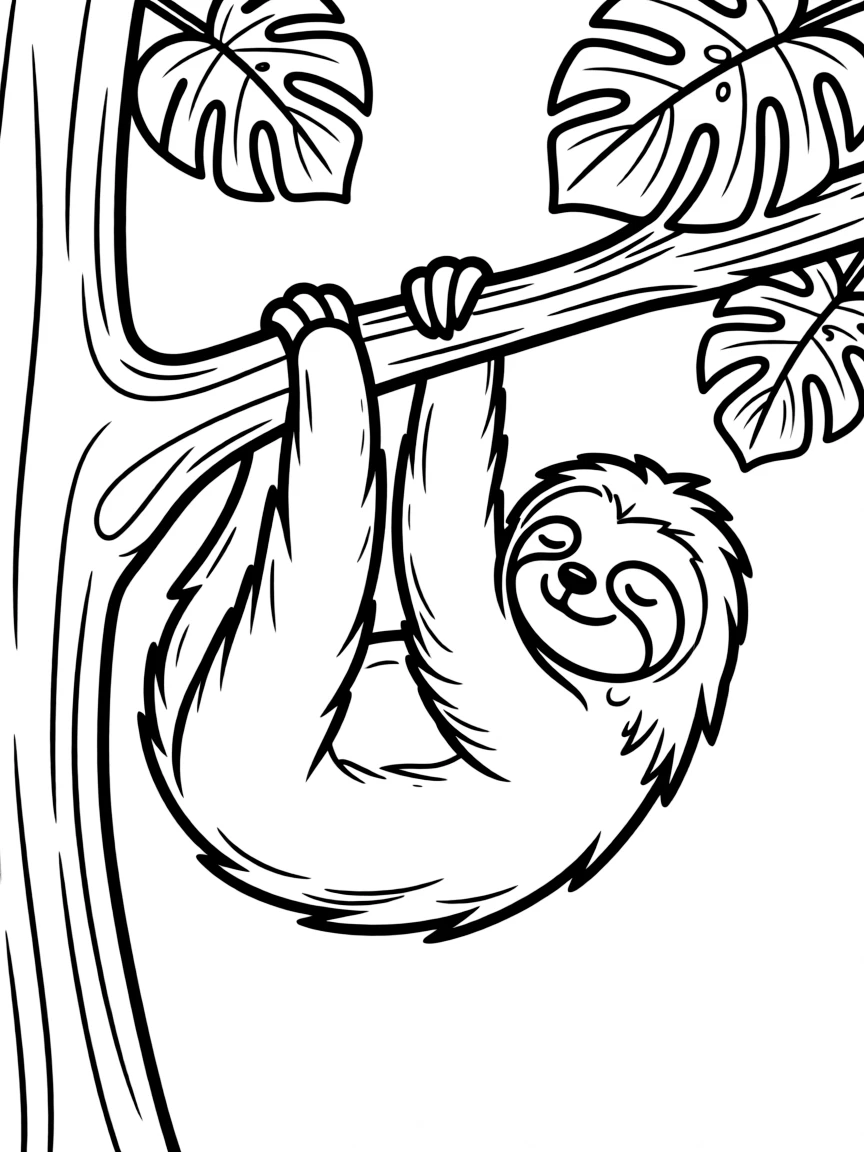 sleepy sloth hanging from a branch coloring page