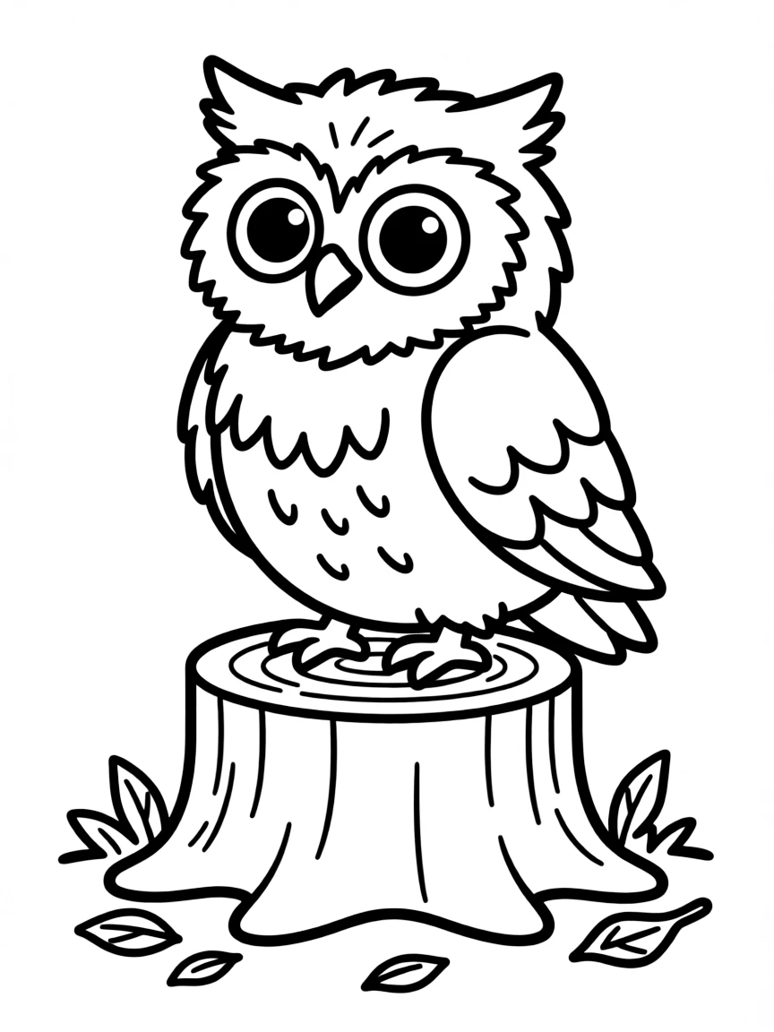 curious owl on a tree stump coloring page