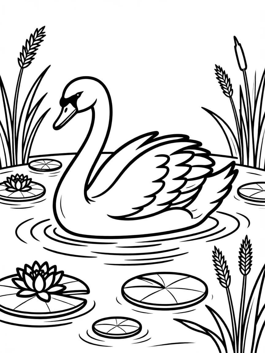 elegant swan on a pond with lily pads coloring page