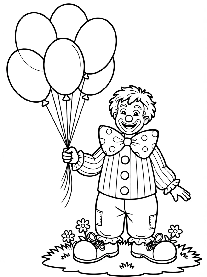 joyful clown with balloons coloring page
