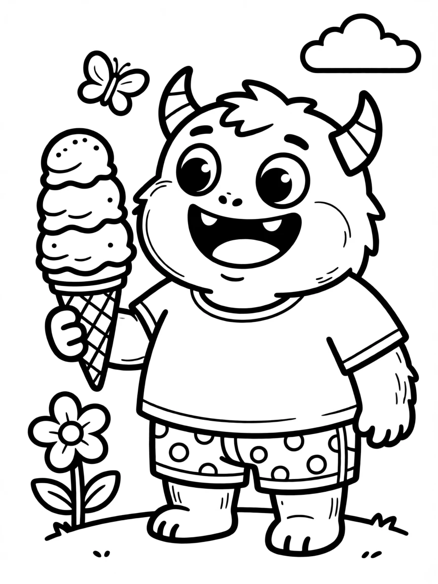 silly monster eating ice cream coloring page