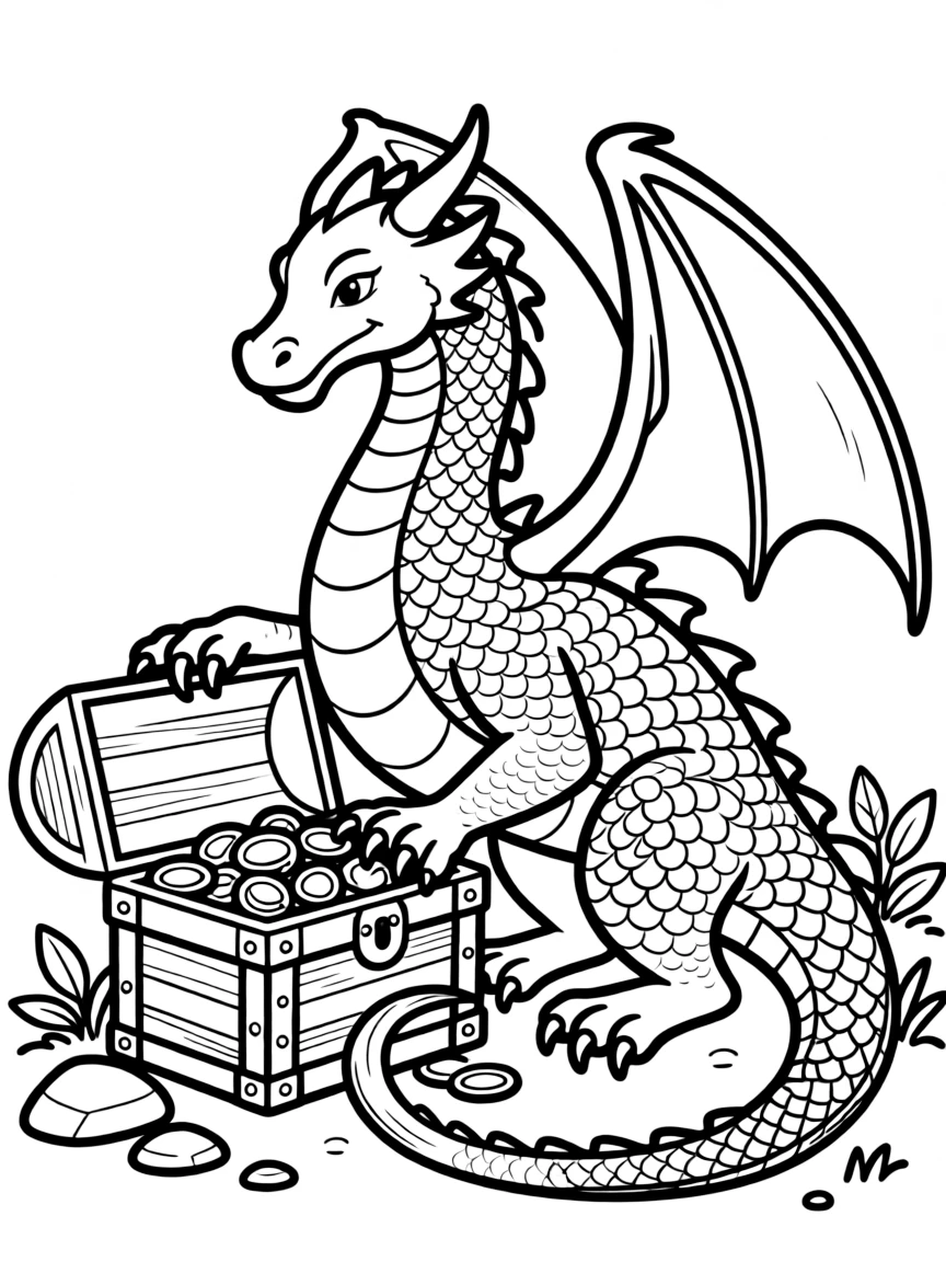 majestic dragon guarding a treasure chest coloring page