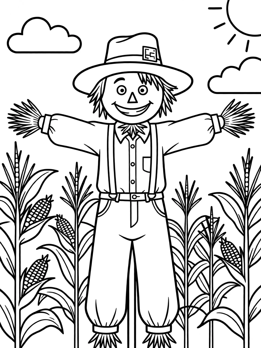 cheerful scarecrow in a cornfield coloring page