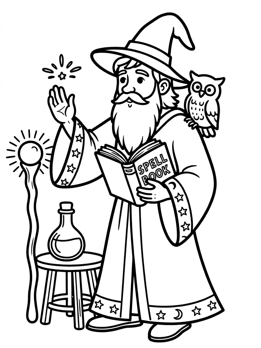 wise old wizard with a spell book coloring page