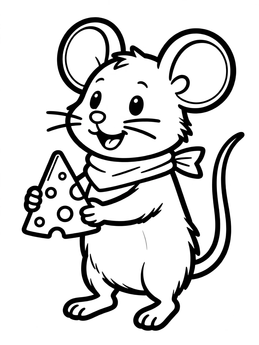 tiny mouse with a piece of cheese coloring page