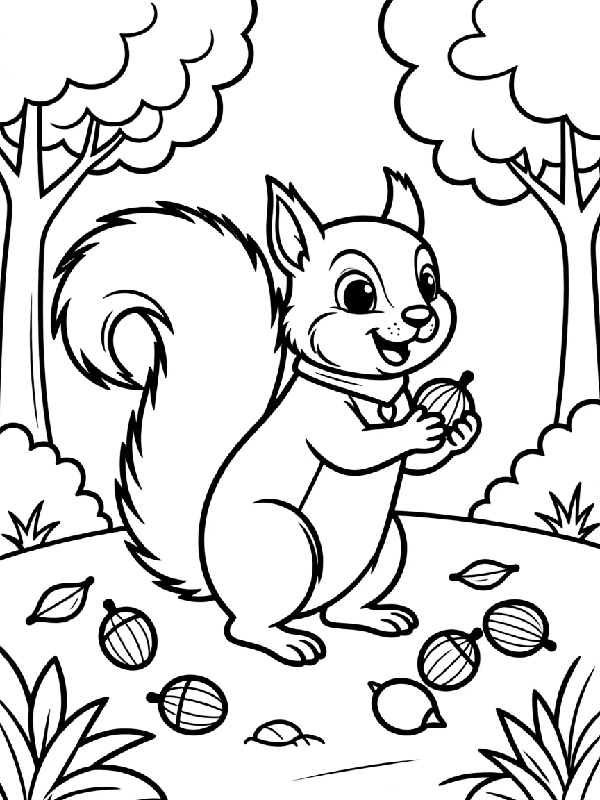 energetic squirrel collecting nuts coloring page