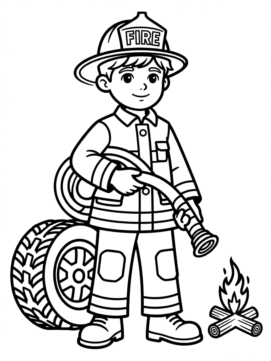 brave firefighter with a hose coloring page