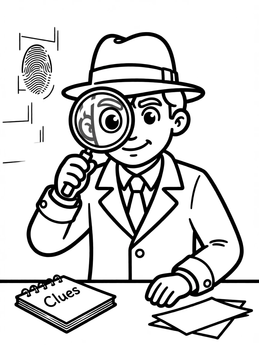 clever detective looking through a magnifying glass coloring page