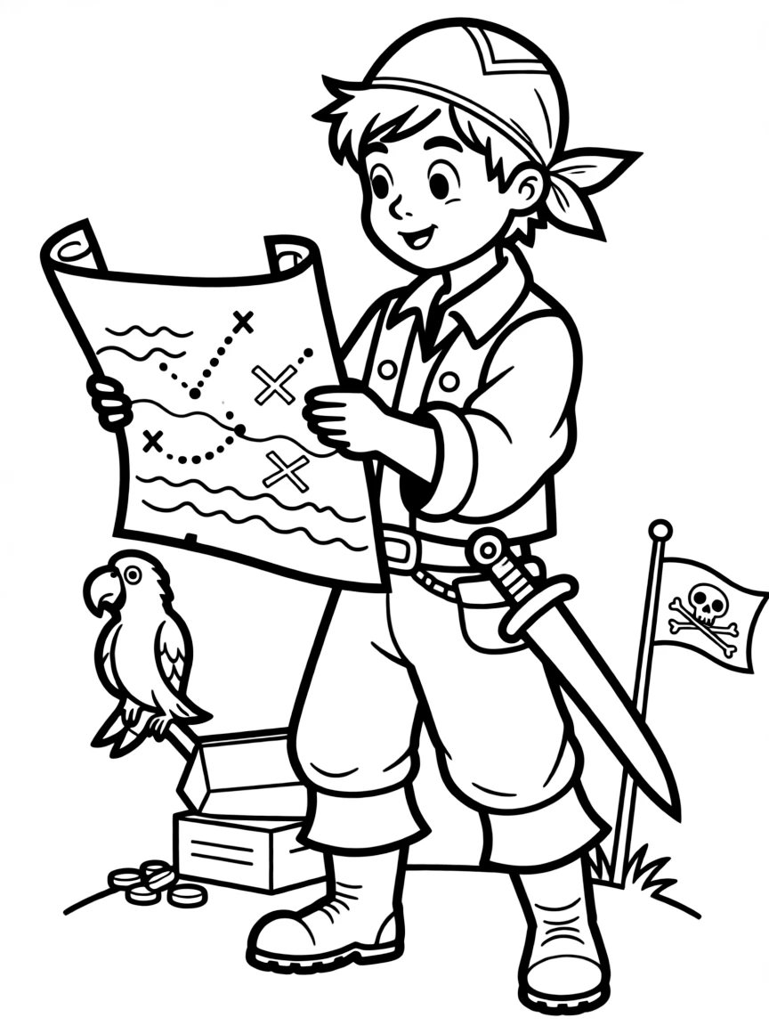 adventurous pirate with a map coloring page