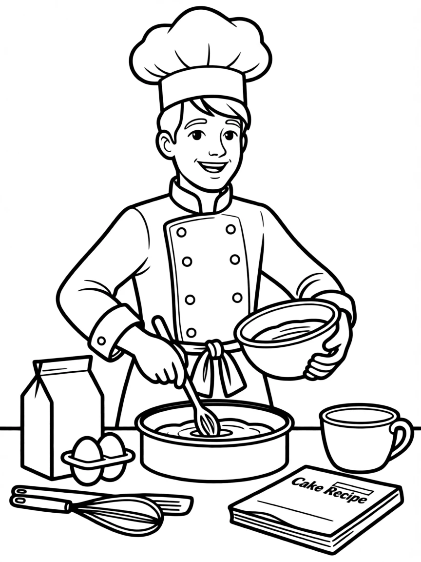 friendly chef baking a cake coloring page