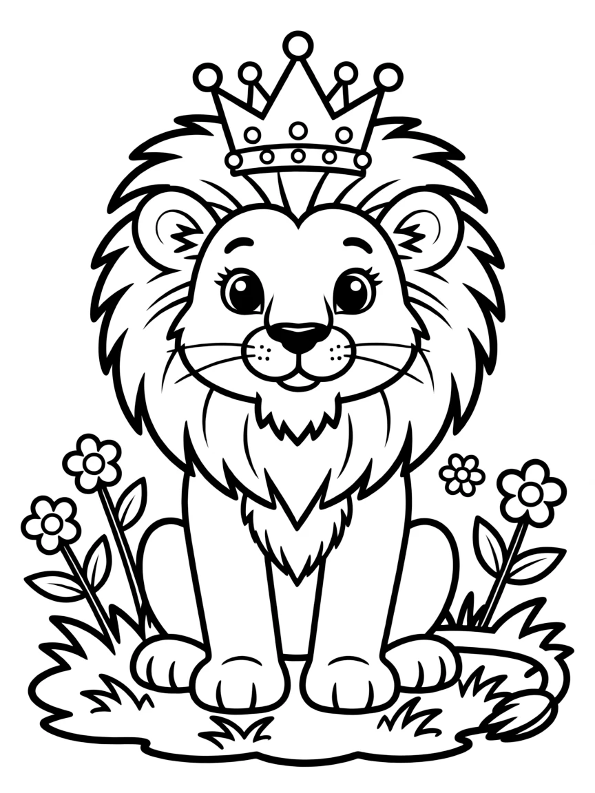 a proud lion cub with a crown coloring page