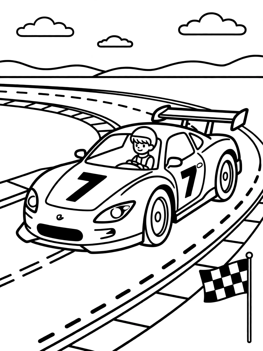 a speedy race car on a track coloring page