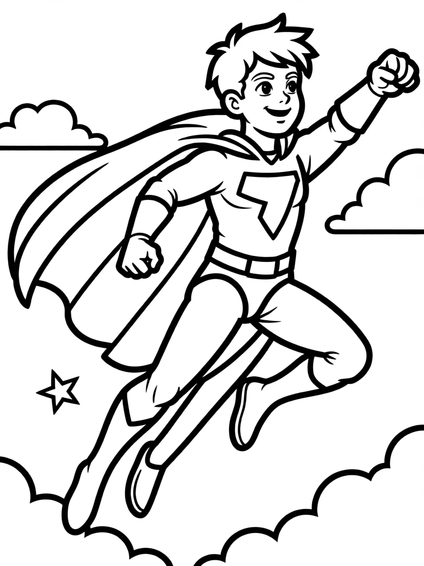 a powerful superhero flying coloring page