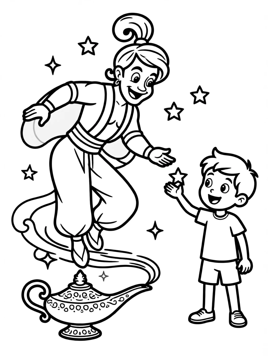 a magical genie granting a wish coloring page