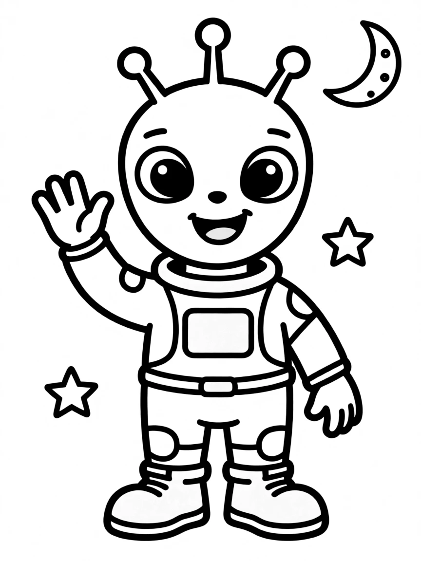 a cute alien waving hello coloring page