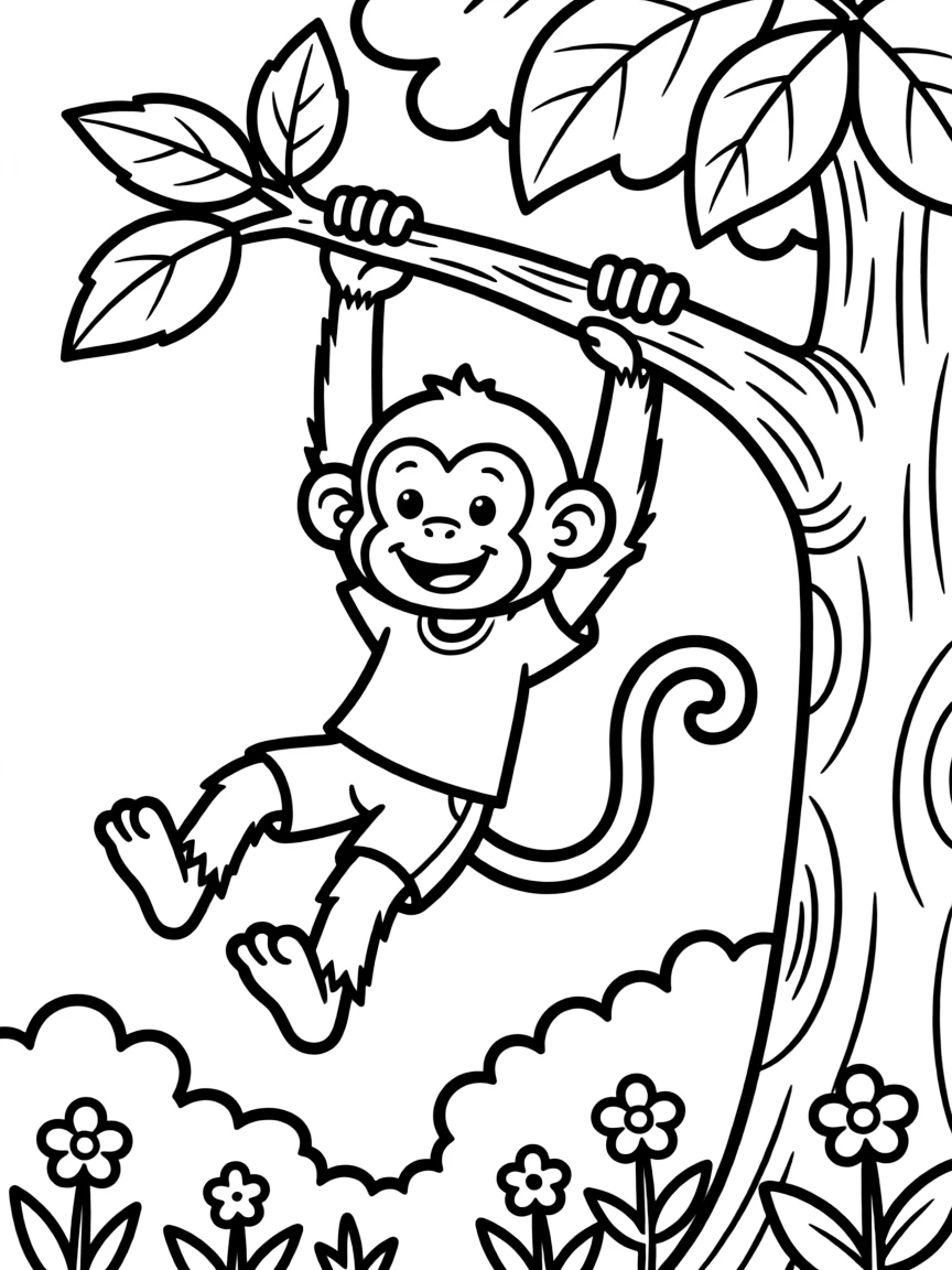 a playful monkey swinging from a tree coloring page
