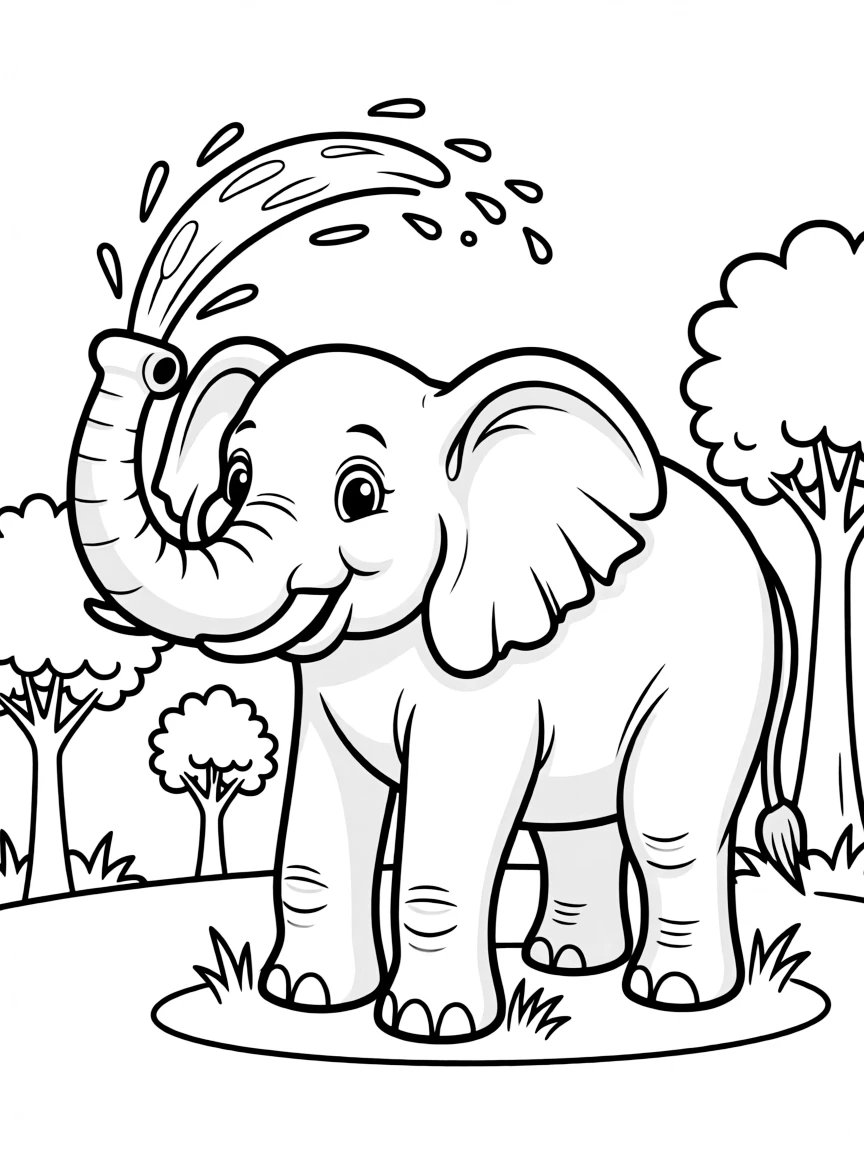 a majestic elephant spraying water coloring page