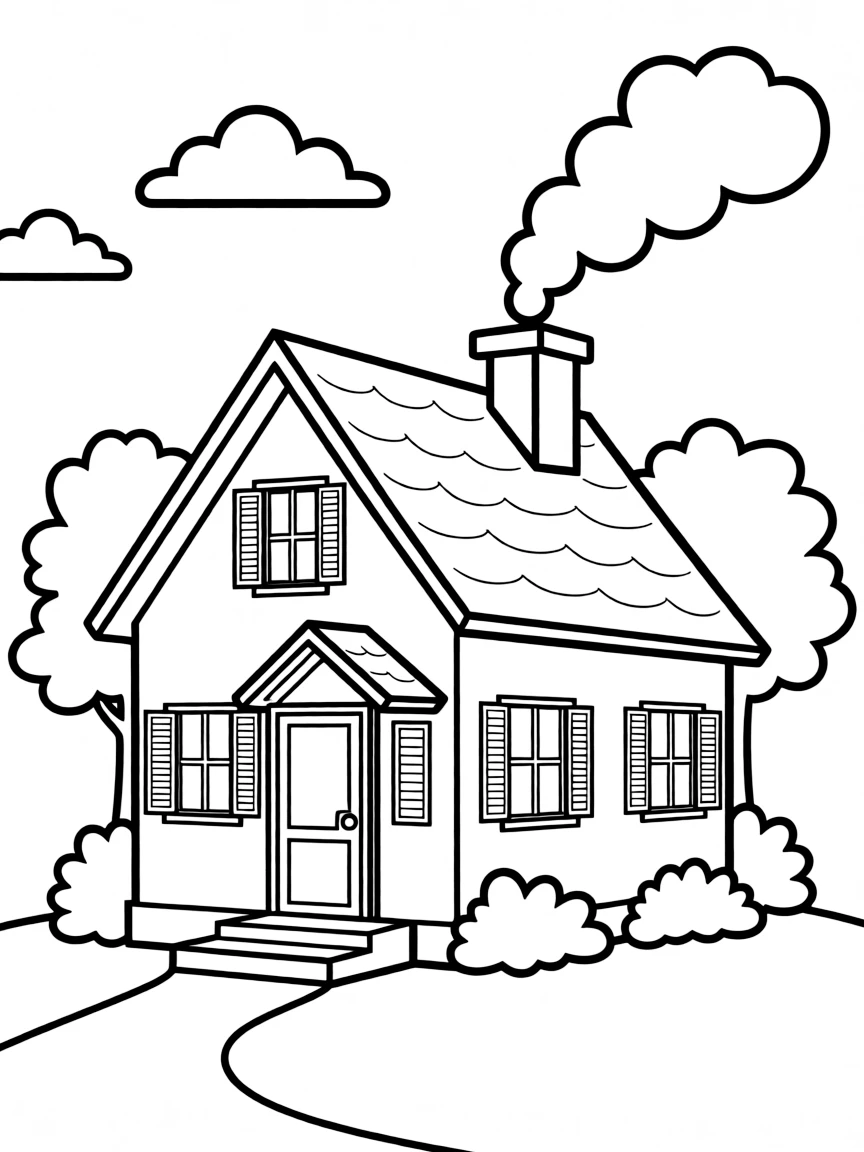 a cozy house with a smoking chimney coloring page