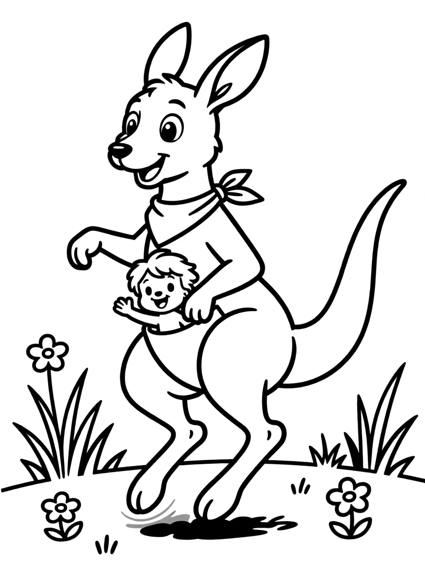 a bouncy kangaroo with a joey in its pouch coloring page
