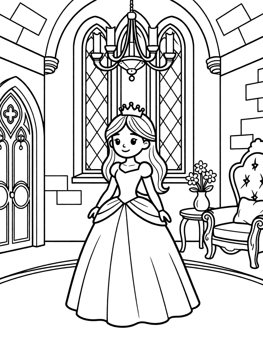 a charming princess in a castle coloring page
