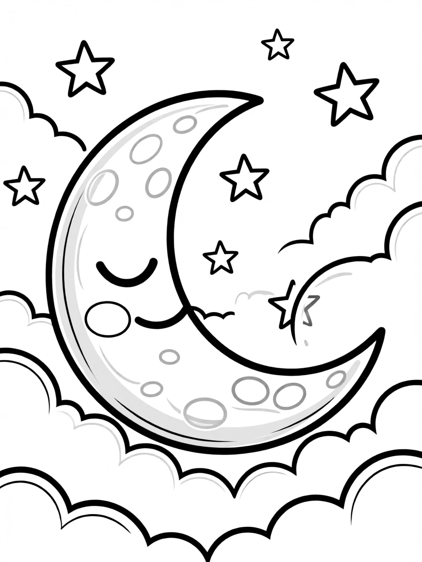 a sleepy moon with stars coloring page