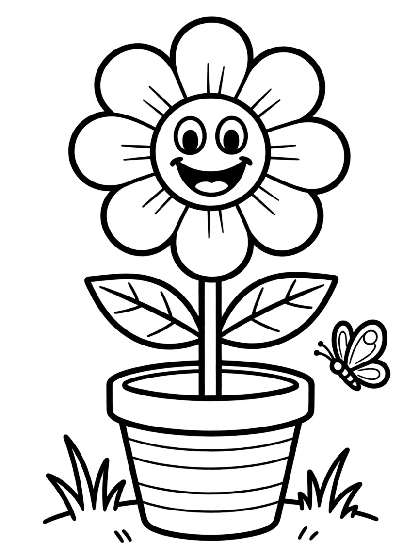 a happy flower in a pot coloring page