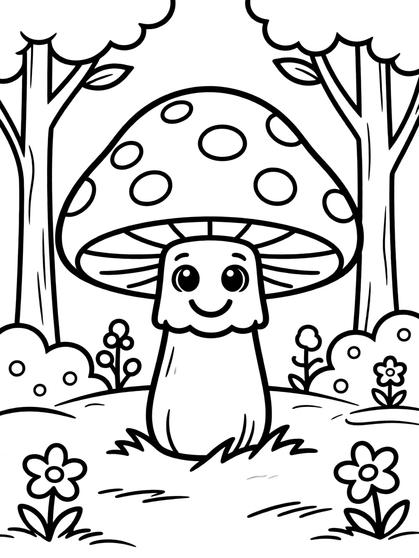 a cheerful mushroom in a forest coloring page