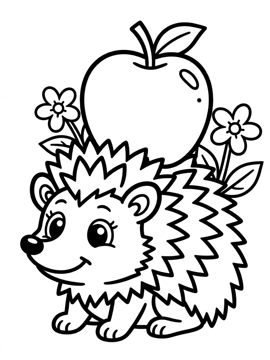 a cute hedgehog with an apple coloring page