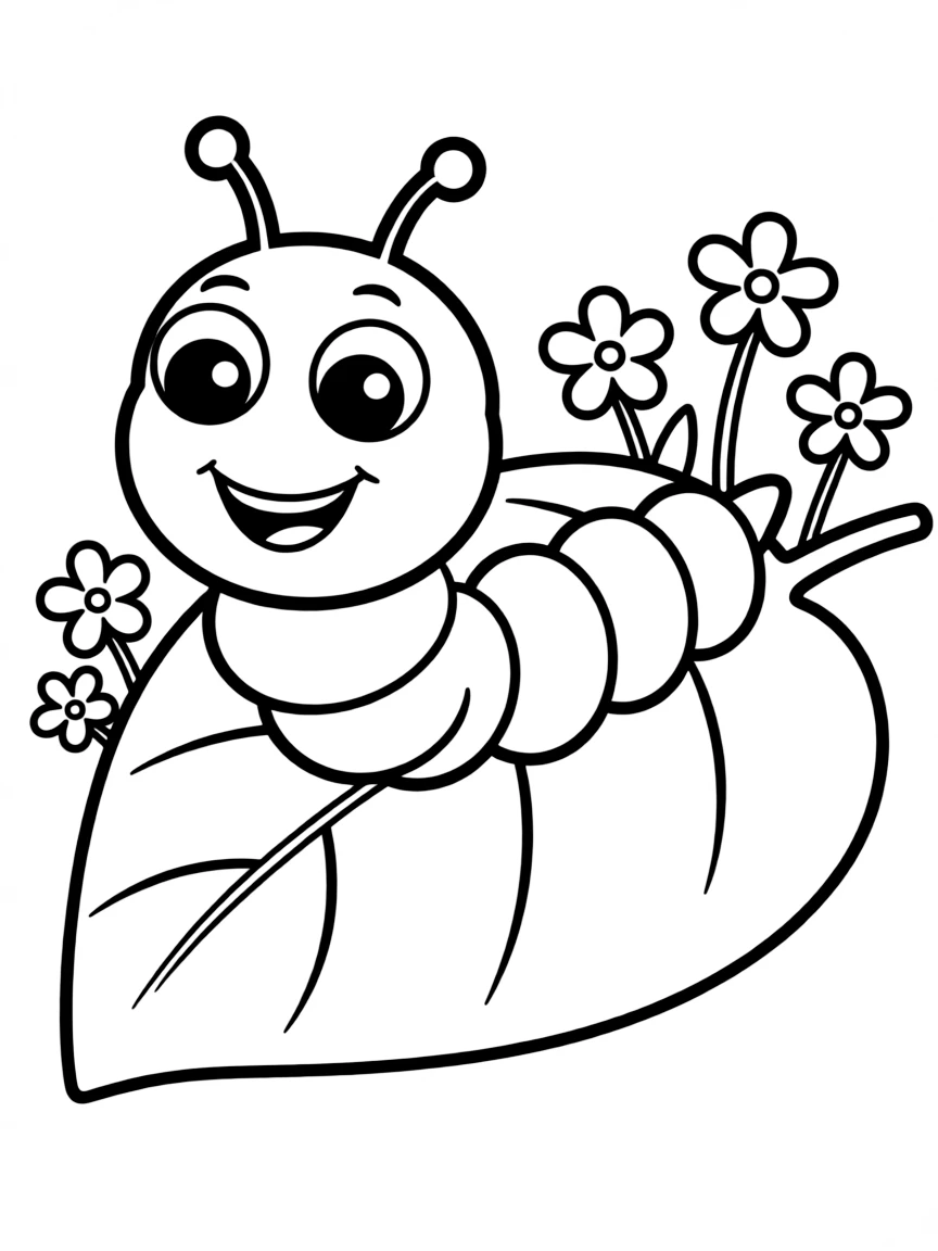 a friendly caterpillar on a leaf coloring page