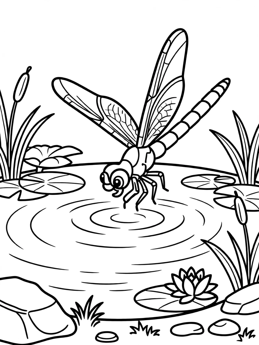 a buzzing dragonfly near a pond coloring page