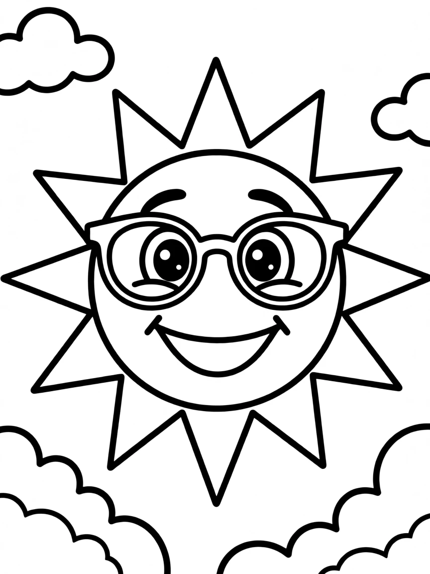 a smiling sun wearing sunglasses coloring page