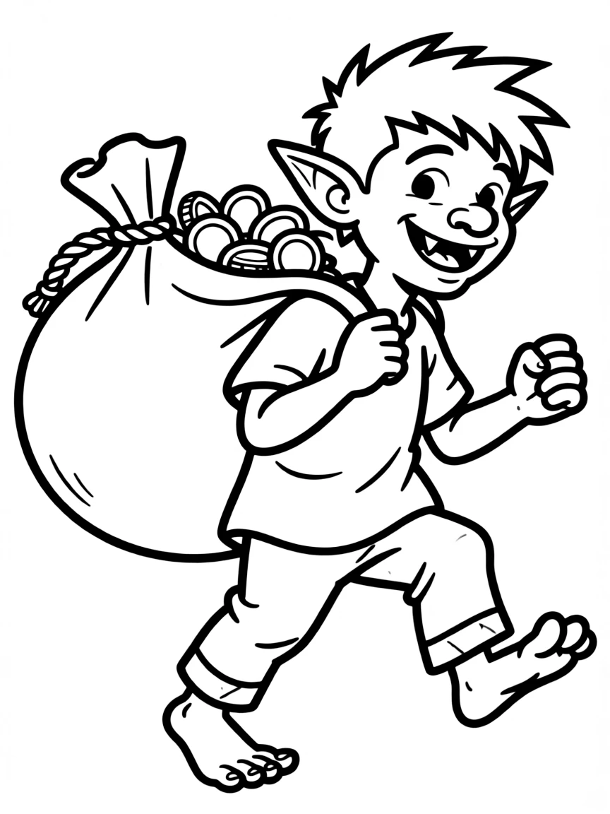 a mischievous goblin with a treasure bag coloring page