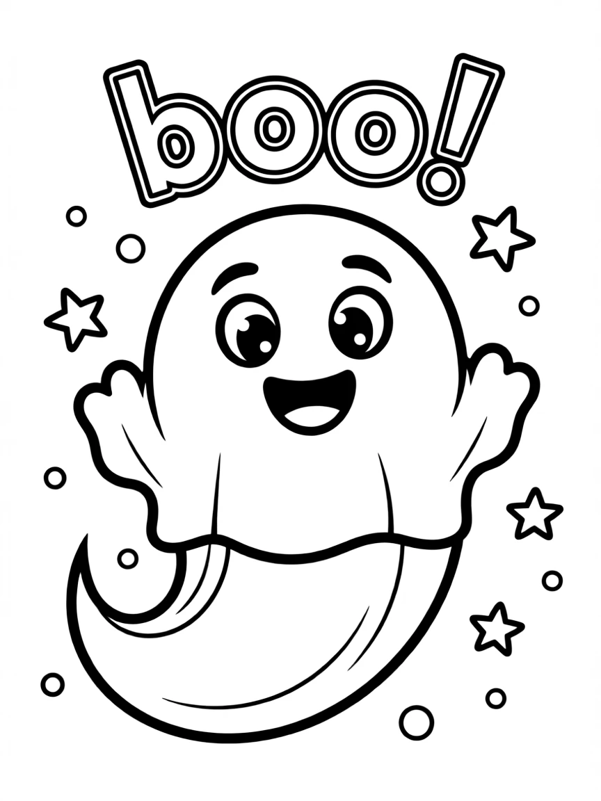 a friendly ghost saying "boo!" coloring page