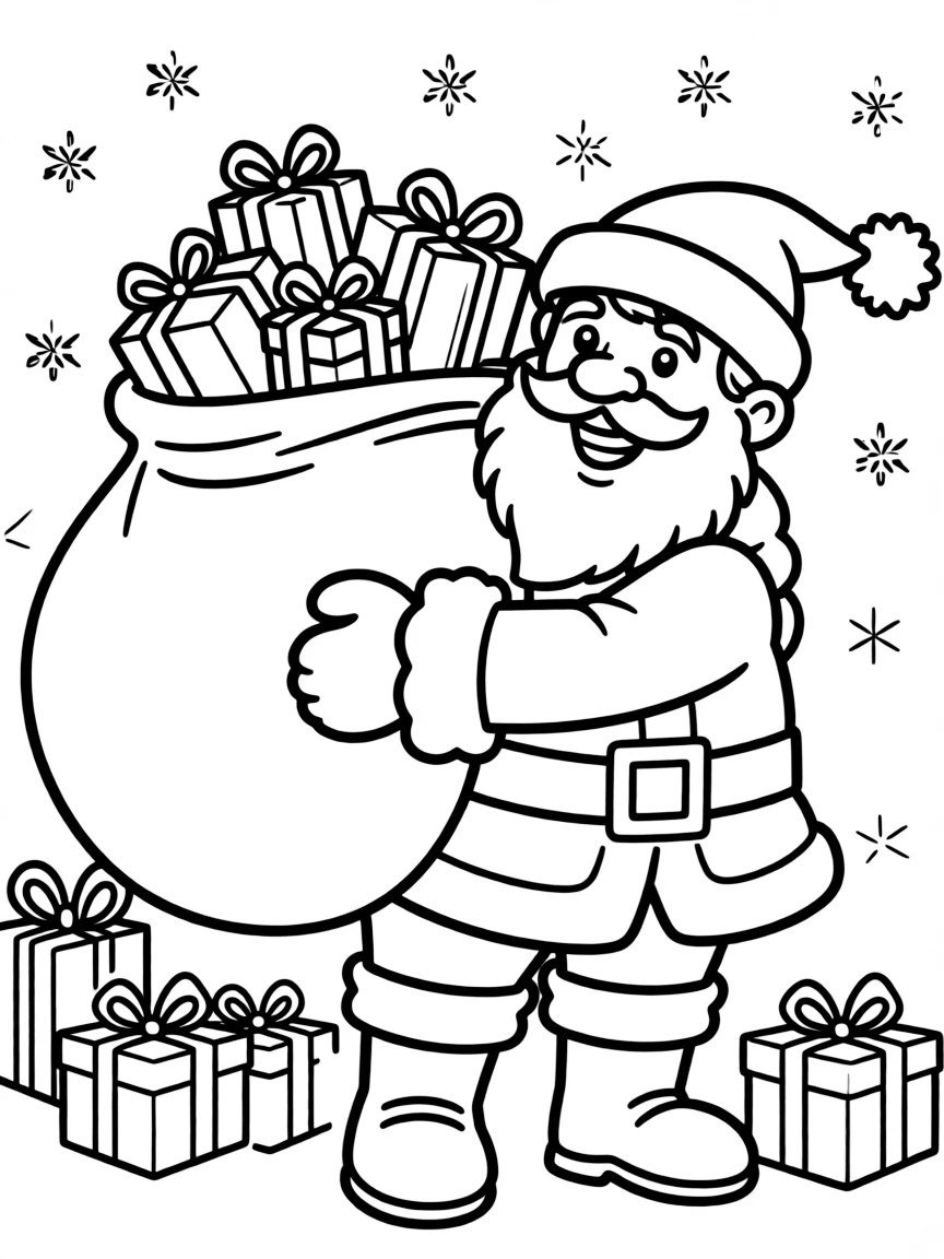 a jolly Santa Claus with presents coloring page