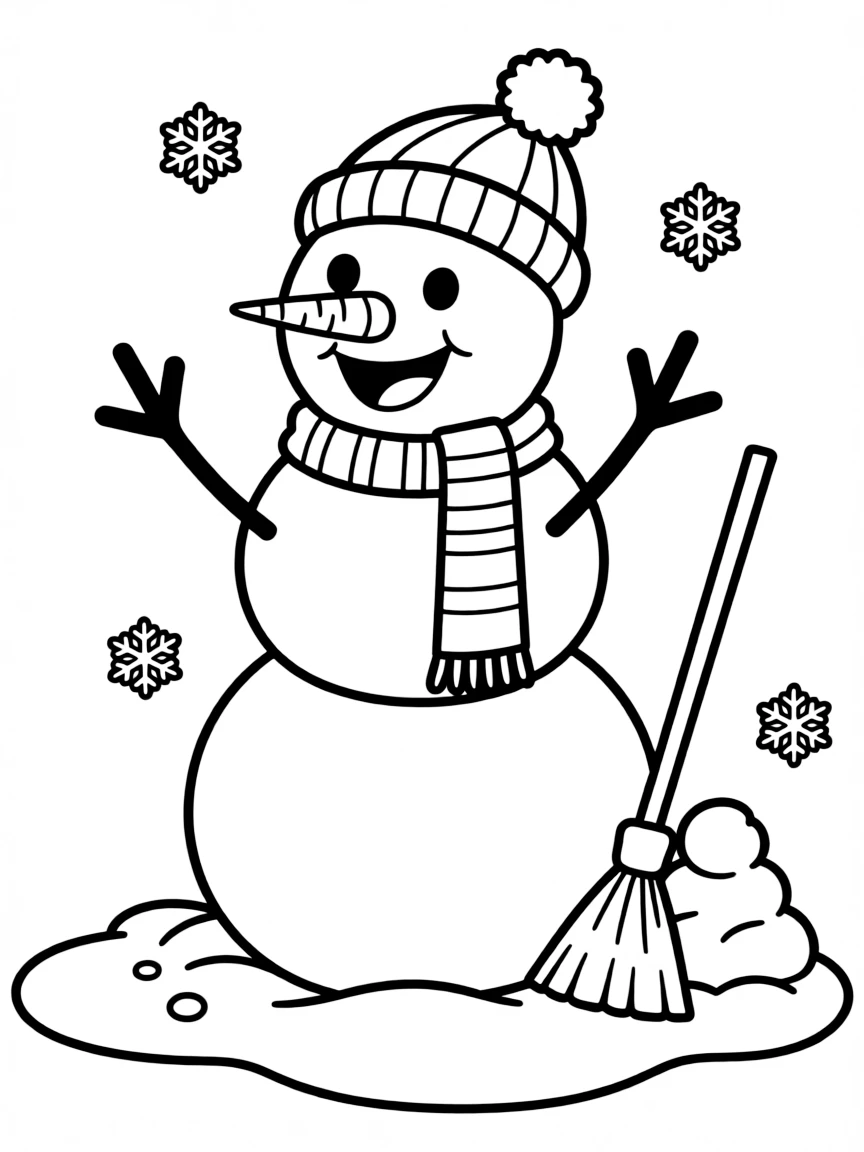 a cheerful snowman with a carrot nose coloring page