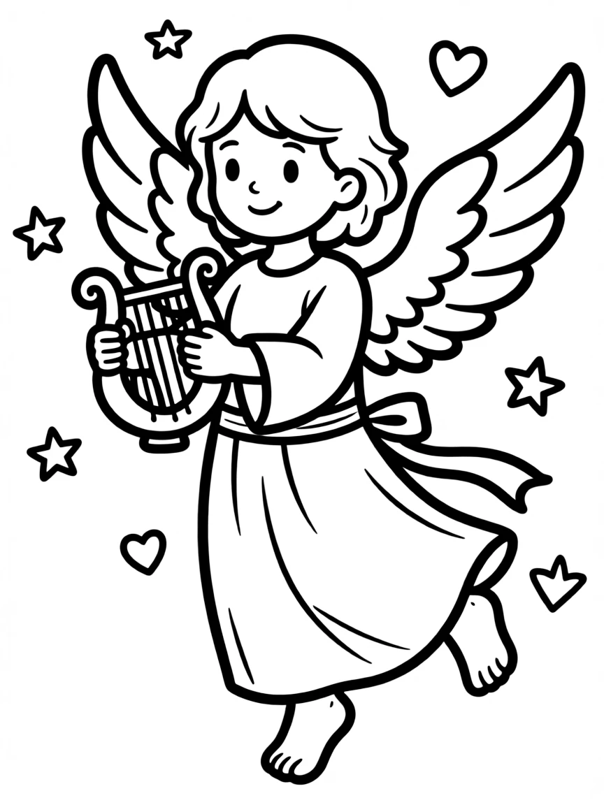 a sweet angel with a harp coloring page