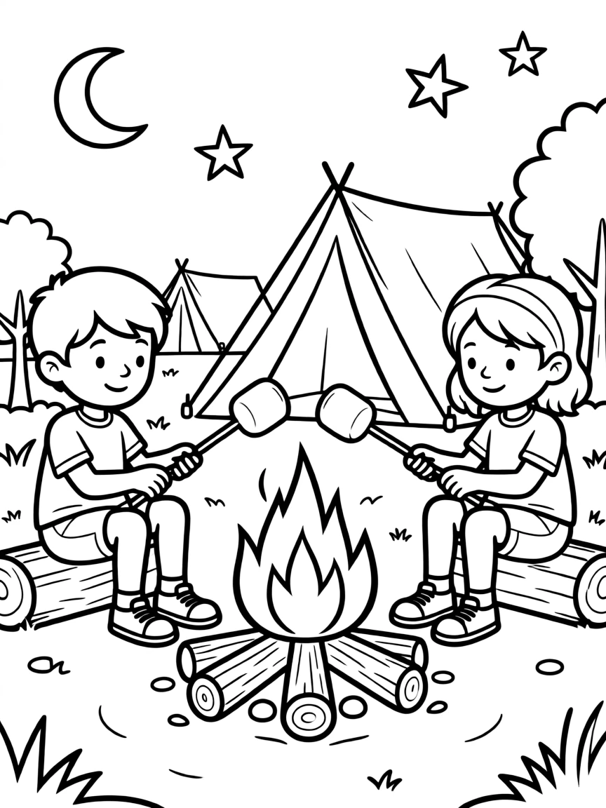 a cozy campfire with marshmallows coloring page