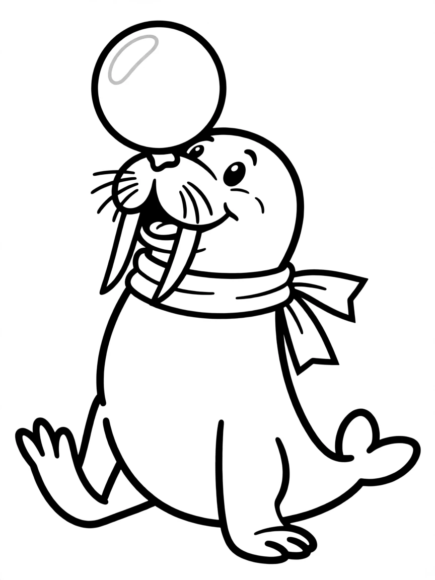 a playful walrus balancing a ball coloring page