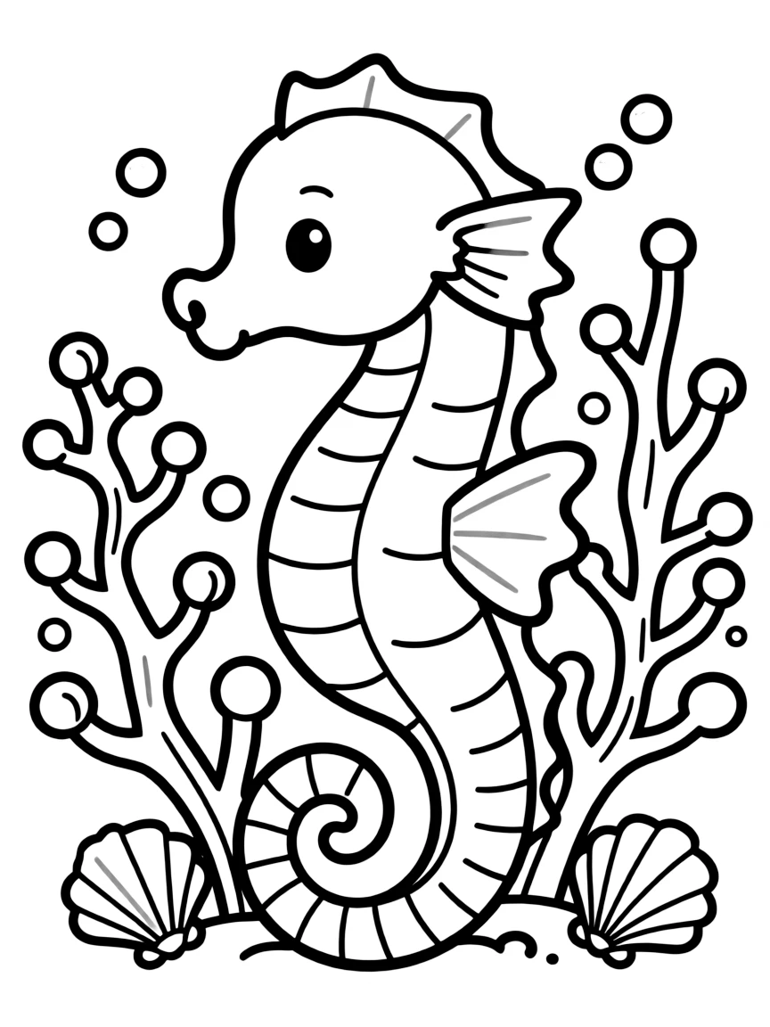 a cute seahorse in coral coloring page