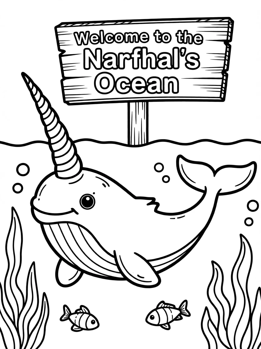 a curious narwhal with its tusk coloring page