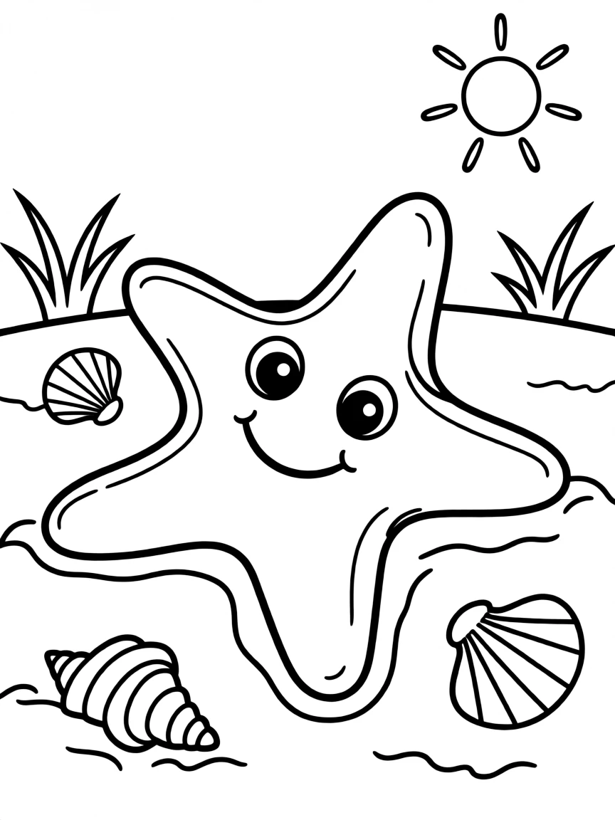 a friendly starfish on the sand coloring page